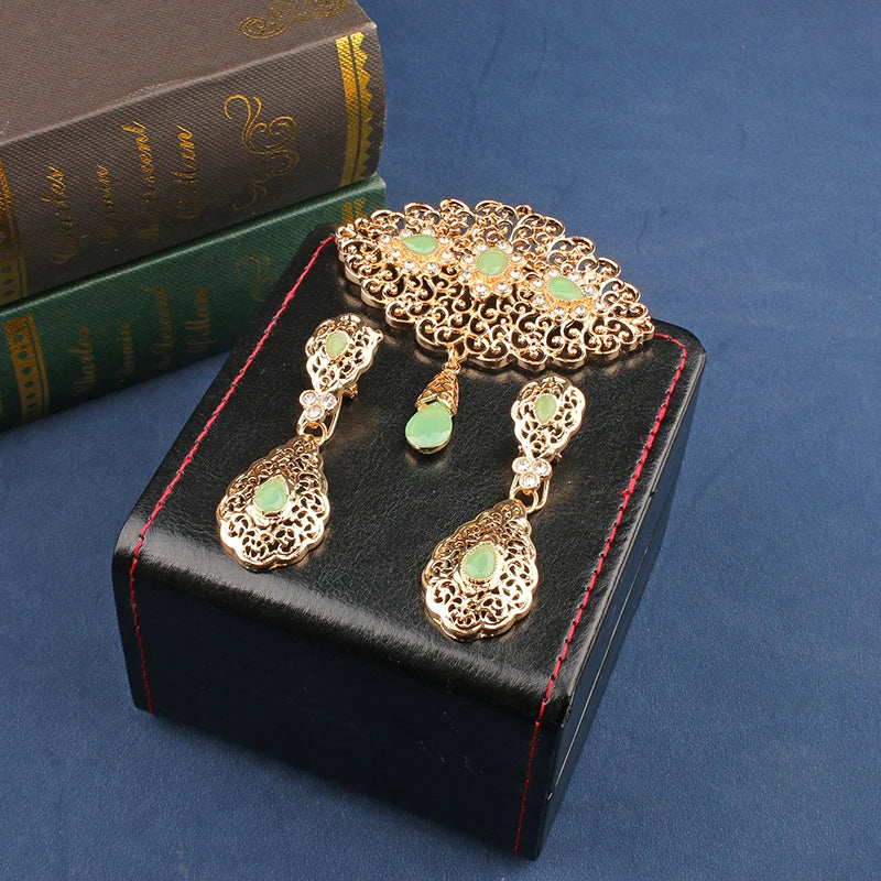 Atlas Wedding Brooch Set — Moroccan Crystal  Moon Earrings & Robe Pin