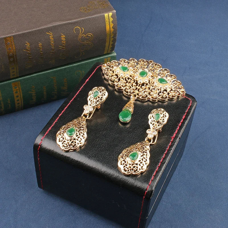 Atlas Wedding Brooch Set — Moroccan Crystal  Moon Earrings & Robe Pin