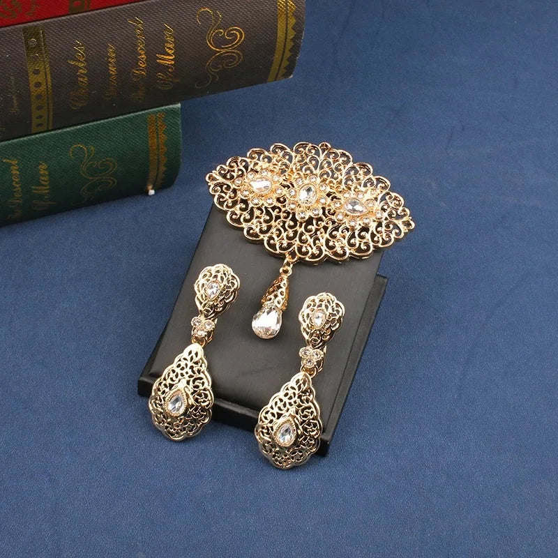 Atlas Wedding Brooch Set — Moroccan Crystal  Moon Earrings & Robe Pin