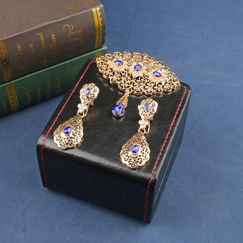 Atlas Wedding Brooch Set — Moroccan Crystal  Moon Earrings & Robe Pin